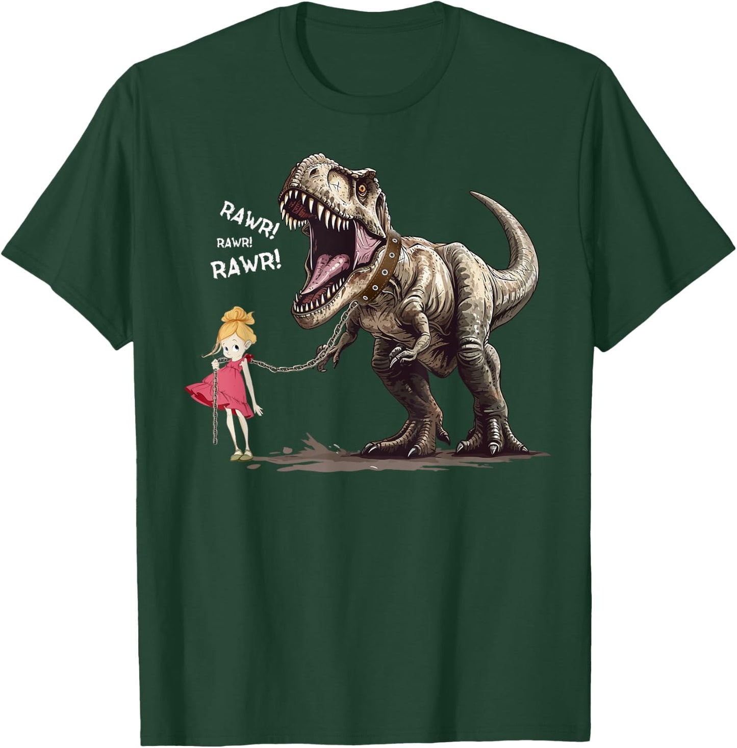Cute T-Rex Dinosaur Pet on a Leach led by a Girl T-Shirt - T-Shirt | Forest