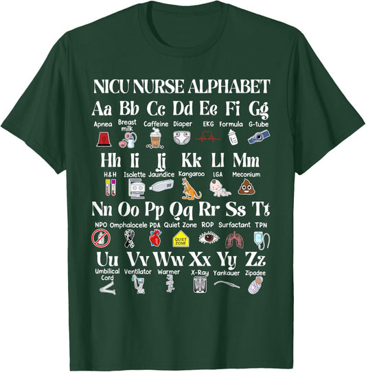 NICU Nurse Alphabet Neonatal RN School Nurse Appreciation T-Shirt - T-Shirt | Forest