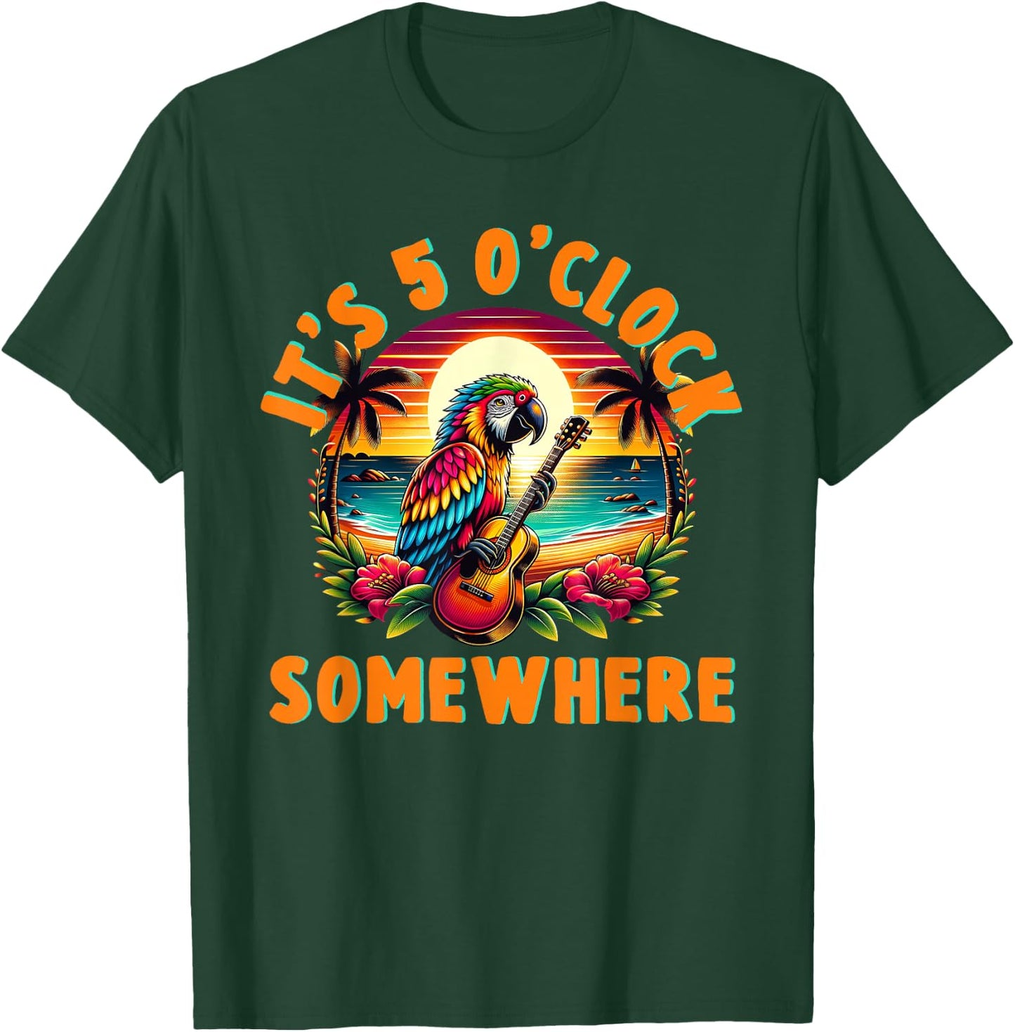 It's 5 O'clock Somewhere Funny Summer Beach Vacation Parrot T-Shirt - T-Shirt | Forest