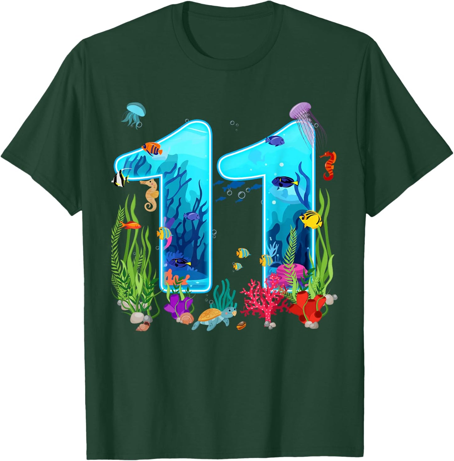 Cute 11 Ocean Sea Animal 11th Bday Party 11 Years Old T-Shirt - T-Shirt | Forest