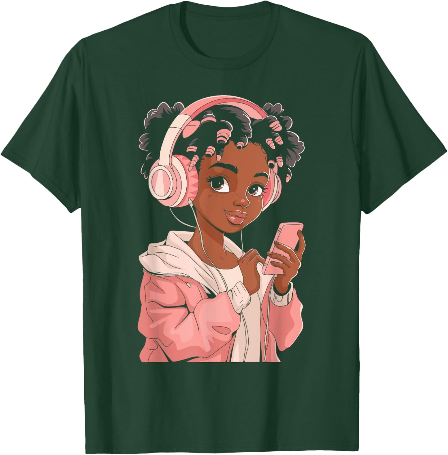 Afro Anime Black Girl with Headphones Kpop Art T-Shirt - T-Shirt | Forest