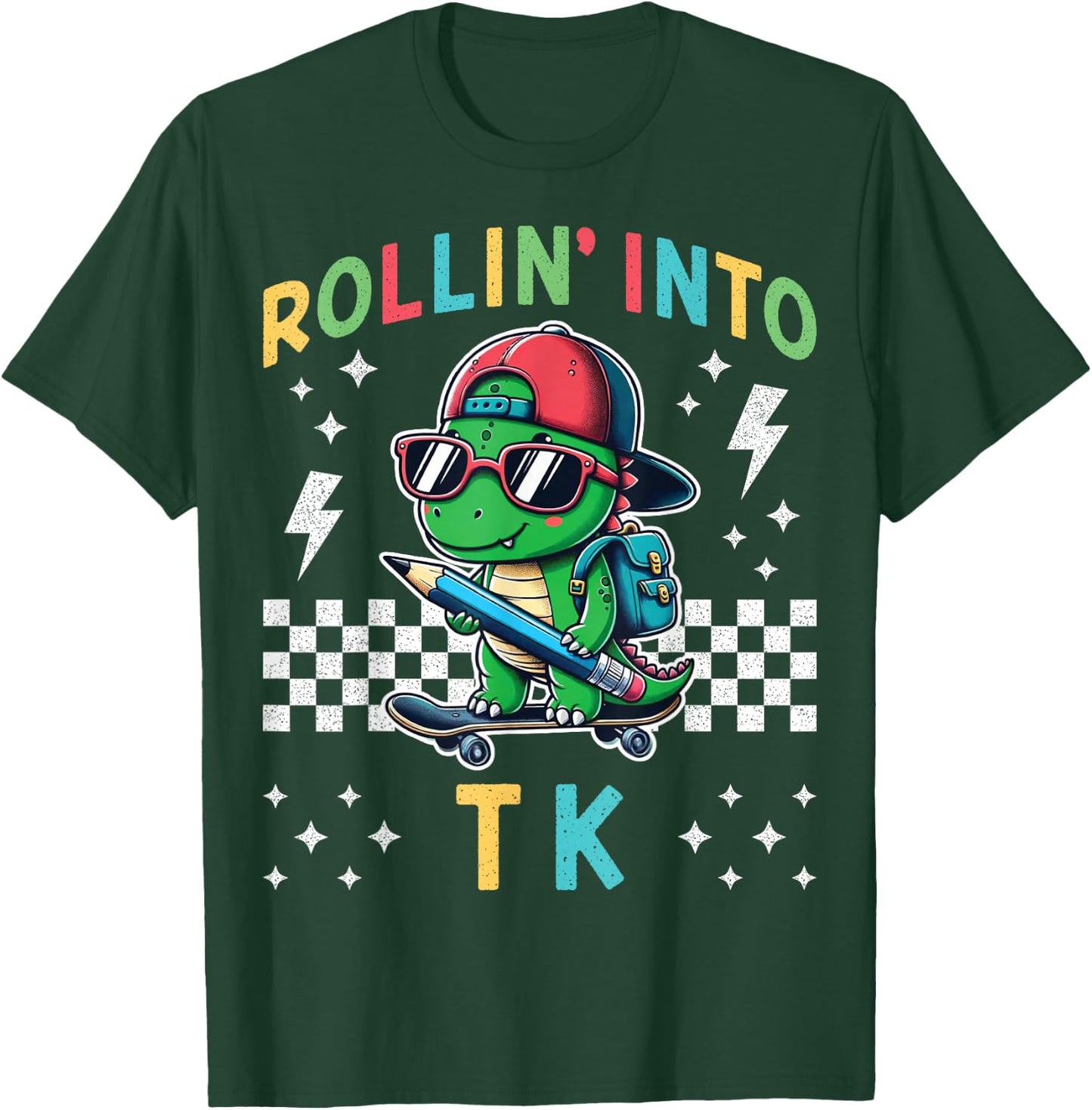 Rollin Into TK Dinosaur Skateboard Back to School Kid Funny T-Shirt - T-Shirt | Forest