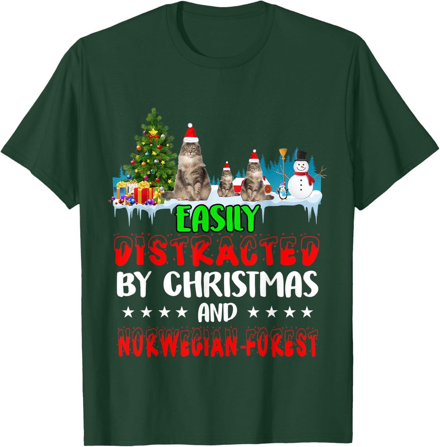 Easily Distracted by Christmas Norwegian Forest Cat on Snow T-Shirt - T-Shirt | Forest