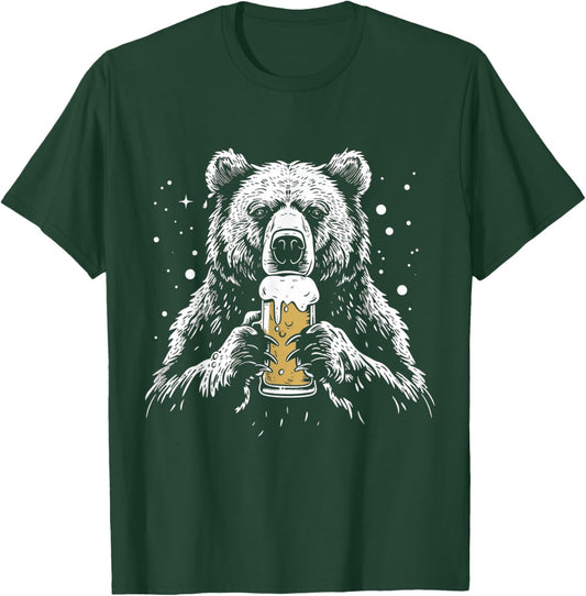 Bear Drinking Beer Funny Grizzly Bear Camping Party T-Shirt - T-Shirt | Forest