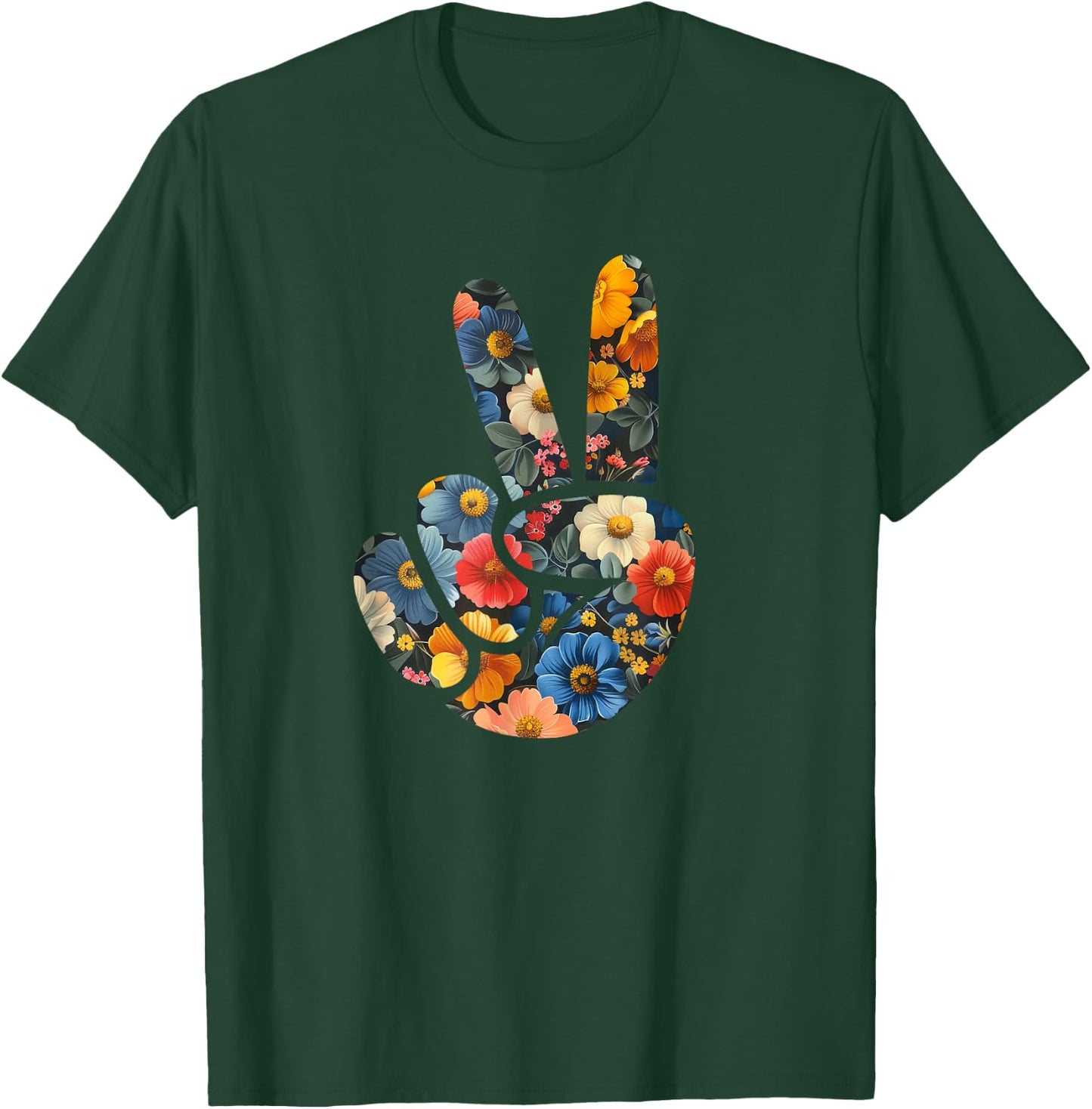 Elegant Silhouette Wildflowers Floral Peace Sign Hand T-Shirt - T-Shirt | Forest