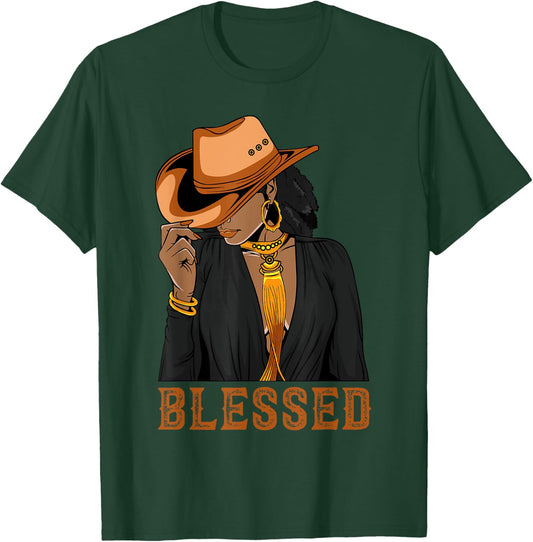 Western Country Black Cowgirl Black Woman Christian Blessed T-Shirt - T-Shirt | Forest