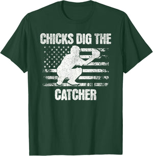 Funny Baseball Chicks Dig The Catcher USA Flag Women Men T-Shirt - T-Shirt | Forest