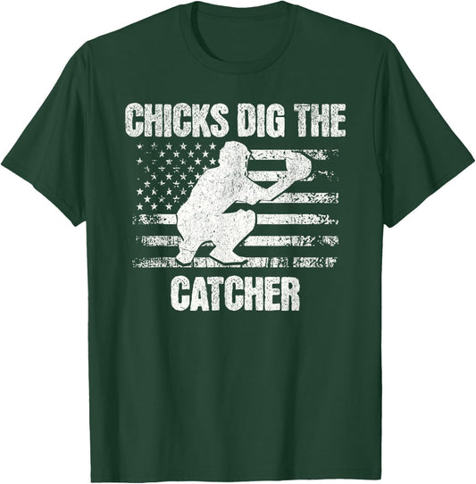 Funny Baseball Chicks Dig The Catcher USA Flag Women Men T-Shirt - T-Shirt | Forest