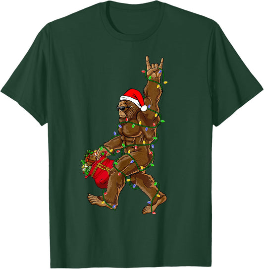 Santa Bigfoot Christmas Lights Rock Funny Sasquatch Believe T-Shirt - T-Shirt | Forest