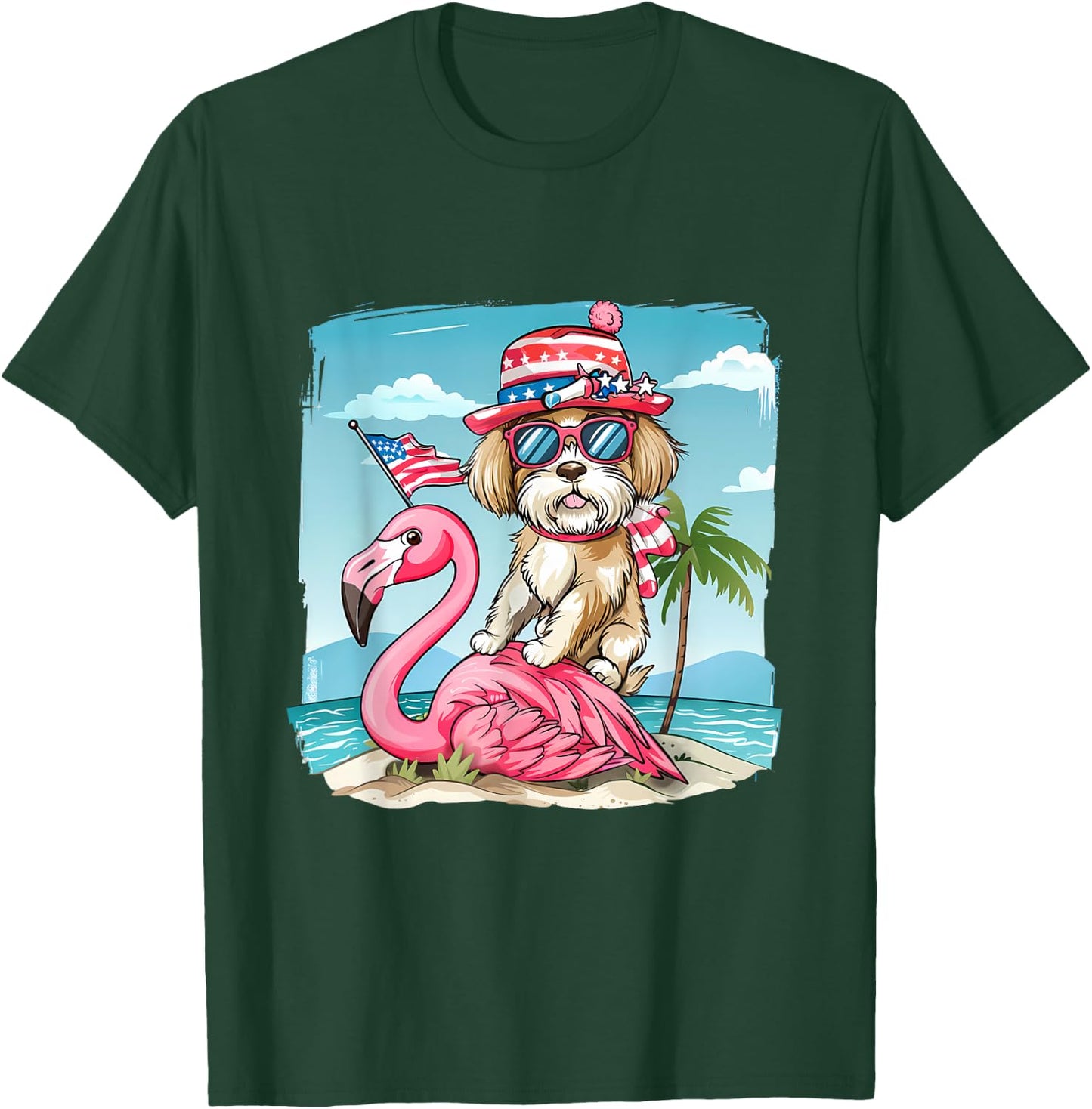 Fourth Of July Flamingo Dog USA American Flag 4th Of July T-Shirt - T-Shirt | Forest