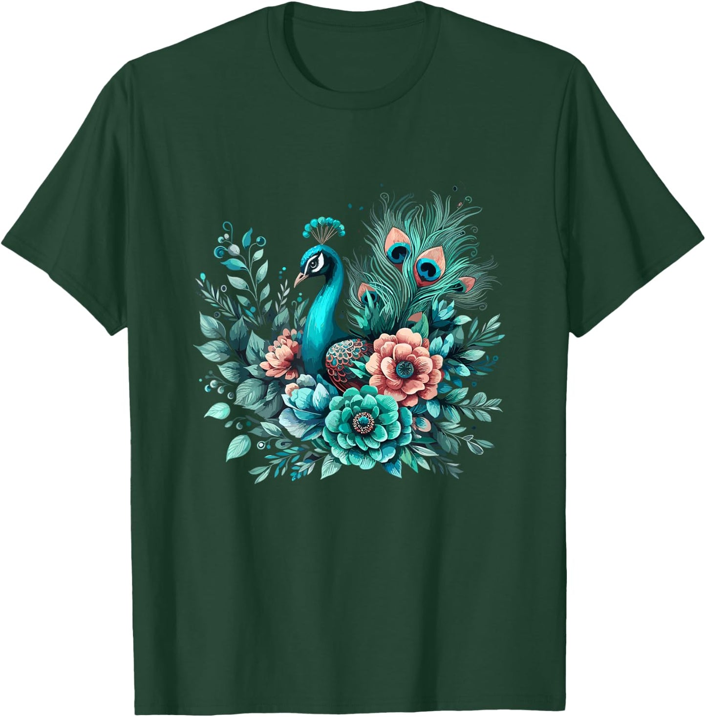 Beautiful Floral Flower Teal Feathers Peacock T-Shirt - T-Shirt | Forest