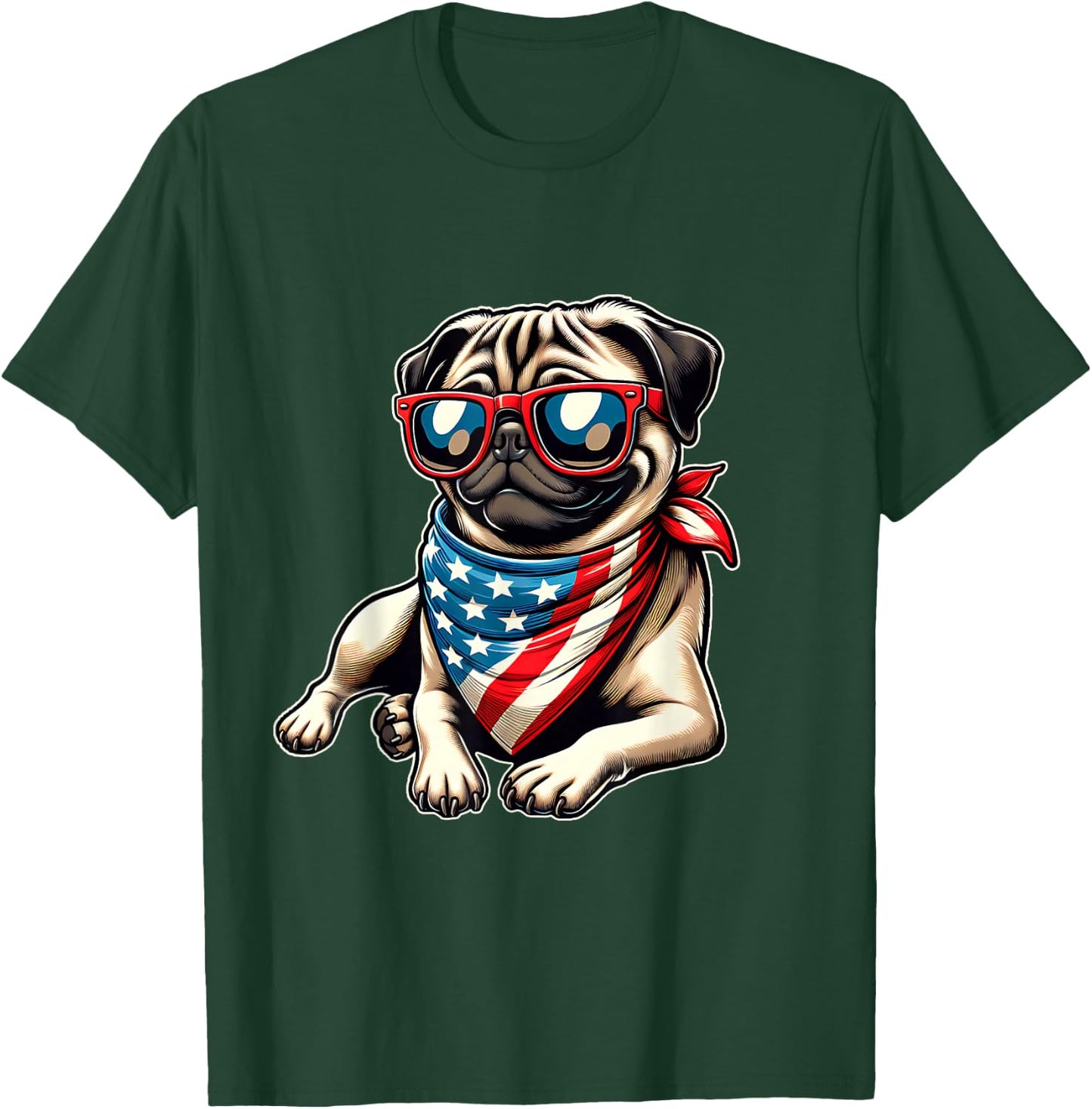 Pug with Bandana Sunglasses 4th of July US Dog American Flag T-Shirt - T-Shirt | Forest