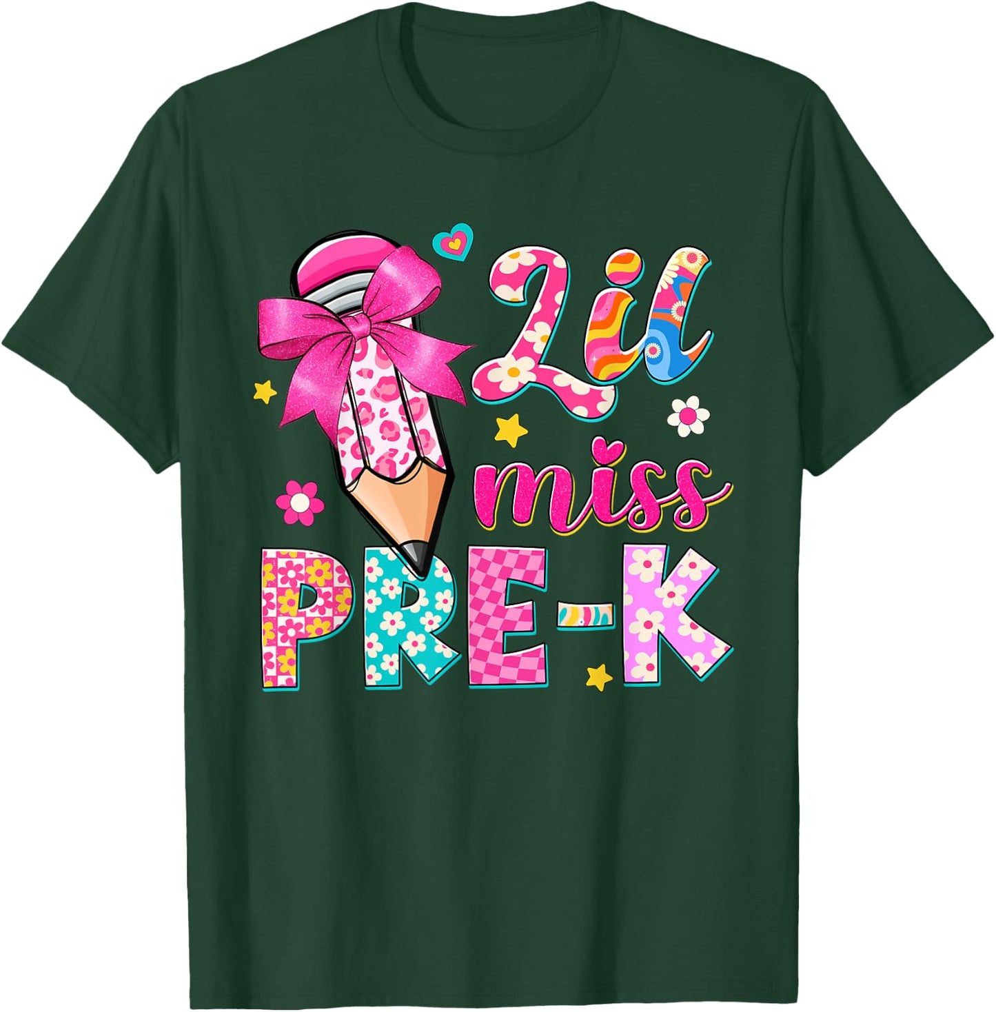 Pencil Bow Lil Miss Pre-K Pre-K Funny Back To School T-Shirt - T-Shirt | Forest