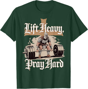 Men Lift Heavy Pray Hard Gym Workout Christian Warrior Funny T-Shirt - T-Shirt | Forest