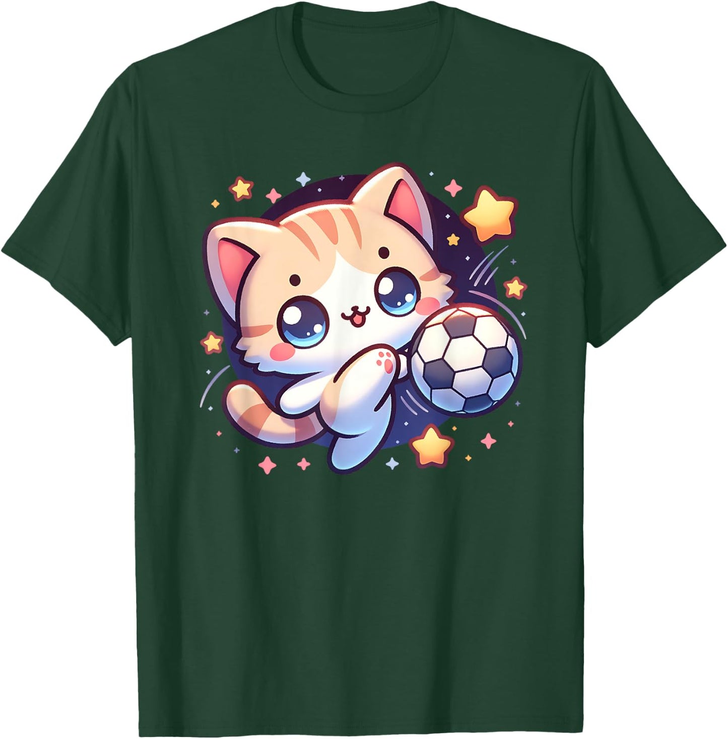 Cat Kitten Soccer Player Kicking Soccer Ball Cute Graphic Men Women Girls Kids T-Shirt - T-Shirt | Forest