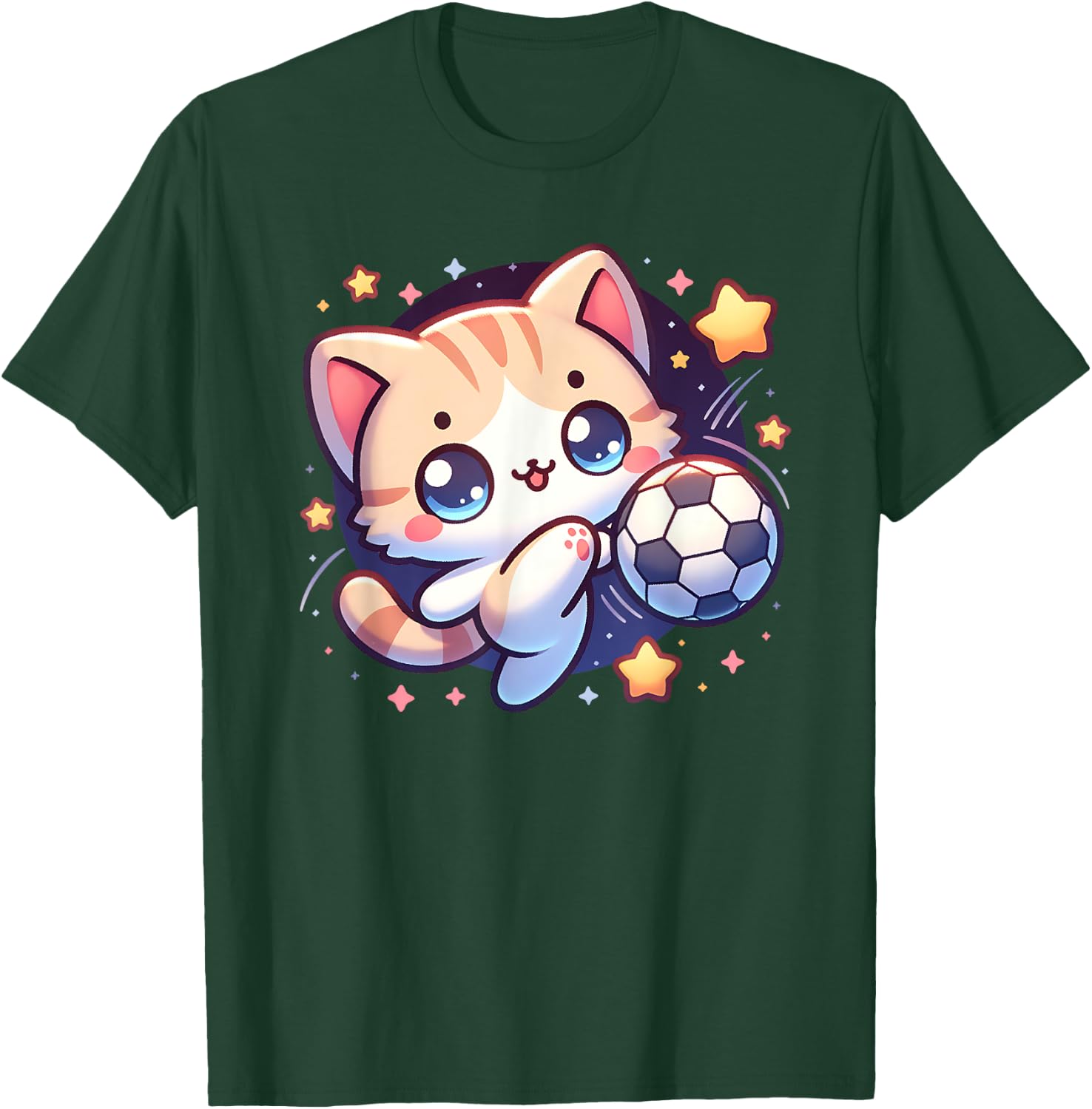 Cat Kitten Soccer Player Kicking Soccer Ball Cute Graphic Men Women Girls Kids T-Shirt - T-Shirt | Forest
