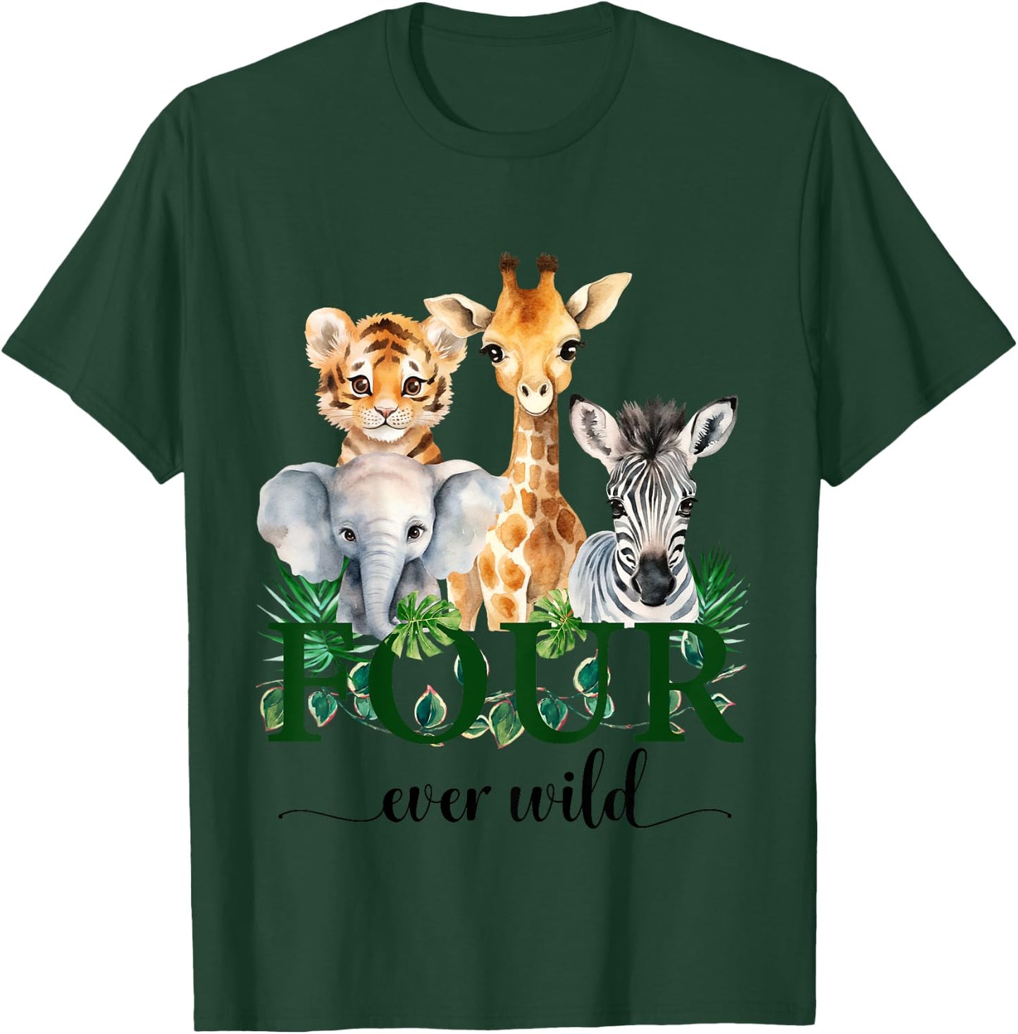 Kids Jungle Birthday Four Ever Wild Zoo Safari Party 4th Animals T-Shirt - T-Shirt | Forest