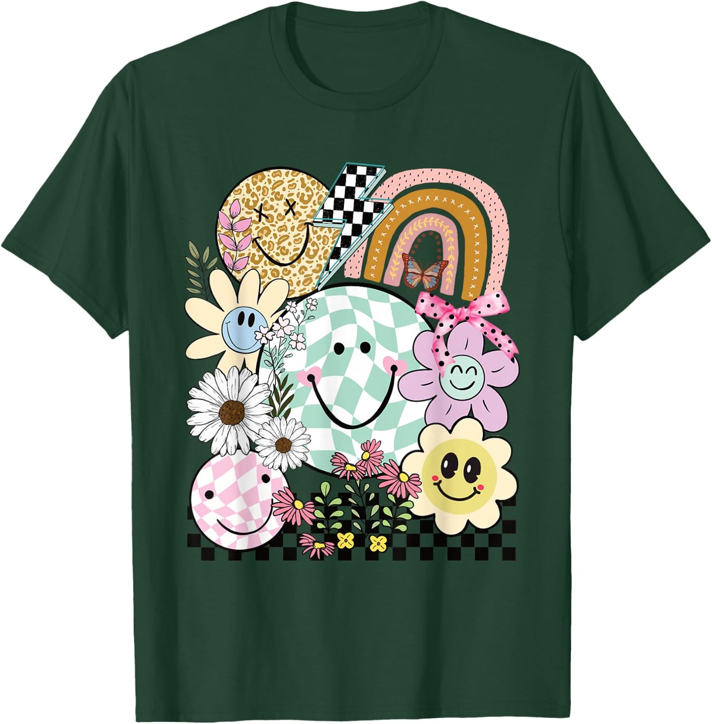 Funny Checkered Happy Smiling Smile Face Daisy Flower Girl T-Shirt - T-Shirt | Forest