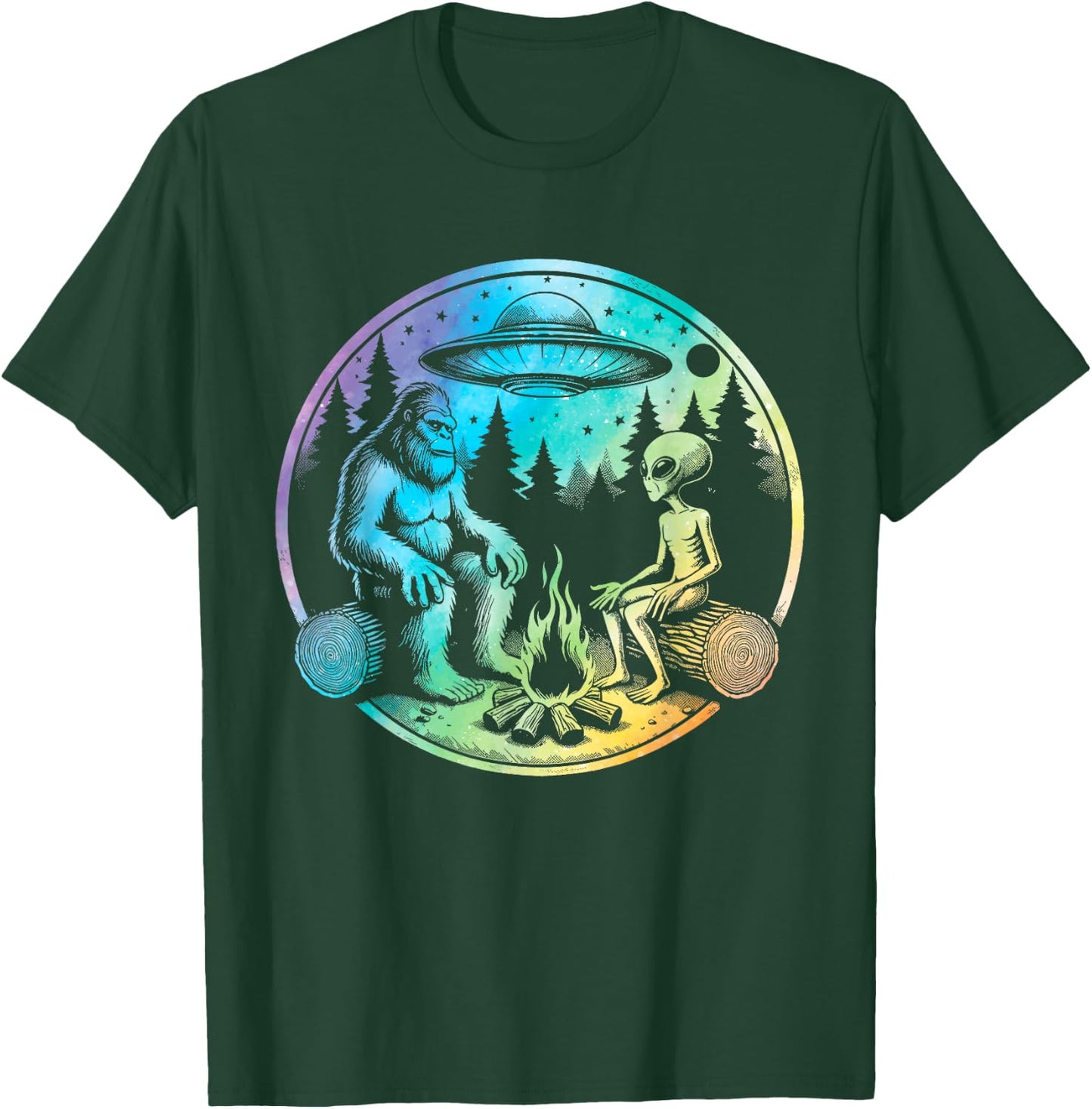 Bigfoot and alien sasquatch camping tie dye T-Shirt - T-Shirt | Forest