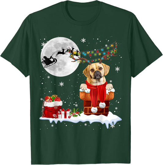 Puggle Dog Chimney Ugly Christmas Lights Xmas Pajamas Men Women Kids T-Shirt - T-Shirt | Forest