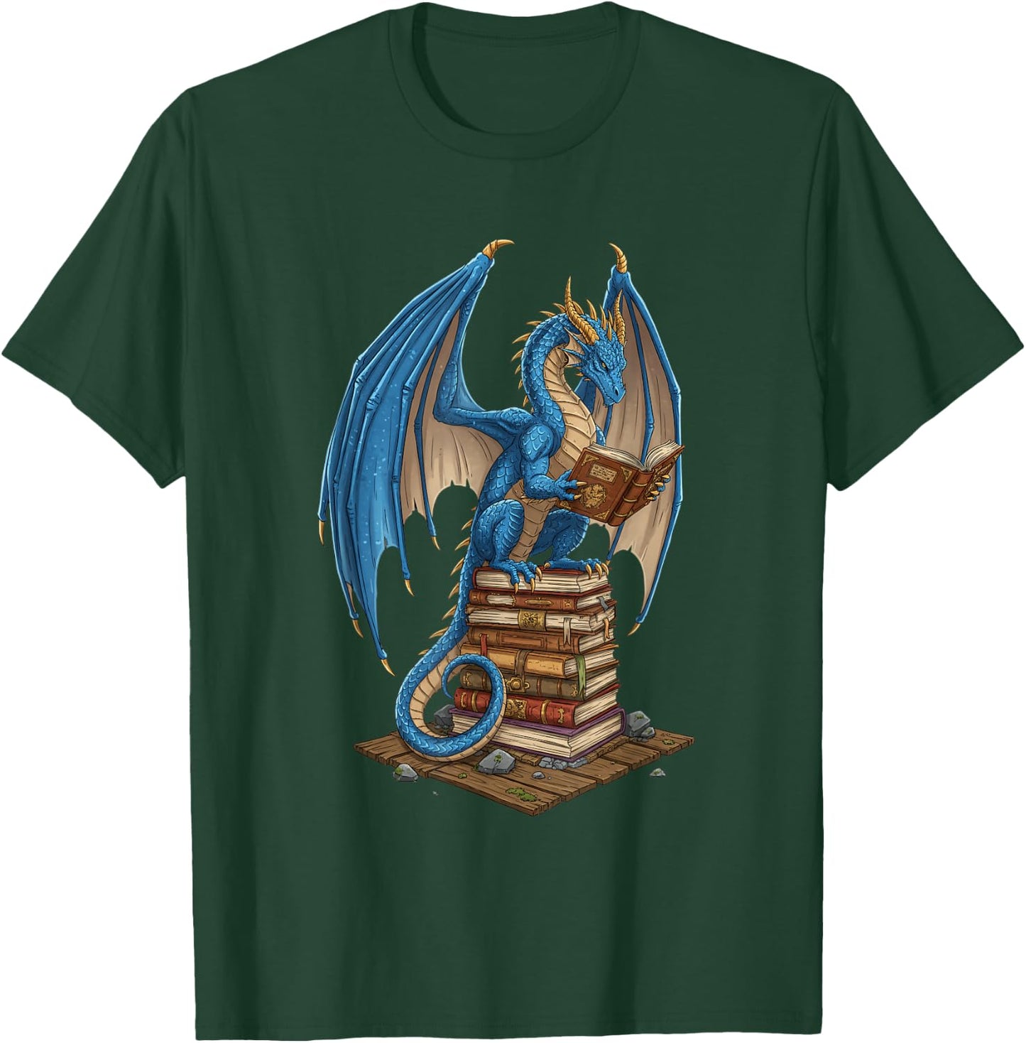 Literary Dragon Reading Books - Fantasy Illustration for Bib T-Shirt - T-Shirt | Forest