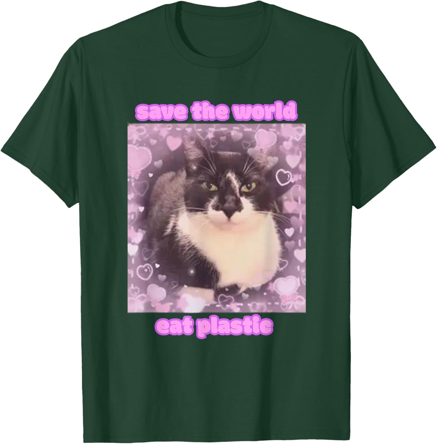Cat Graphic with Funny Slogan Save The World Eat Plastic y2k T-Shirt - T-Shirt | Forest
