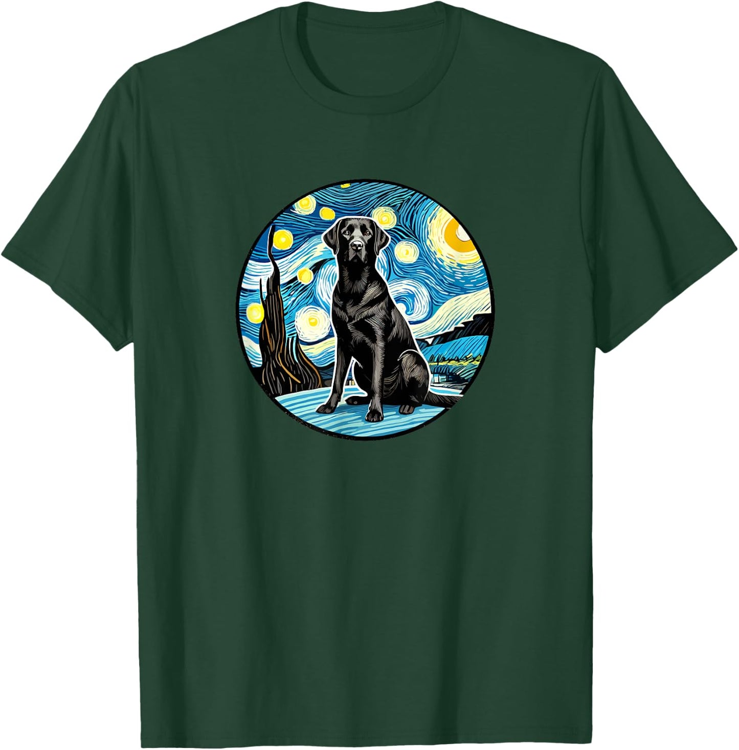 Black Labrador Retriever Lab - Van Gogh Starry Night Style T-Shirt - T-Shirt | Forest