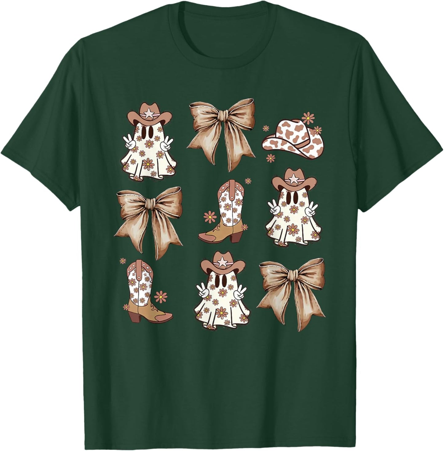 Coquette Bow Spooky Funny Ghost Cowboy Western Halloween T-Shirt - T-Shirt | Forest