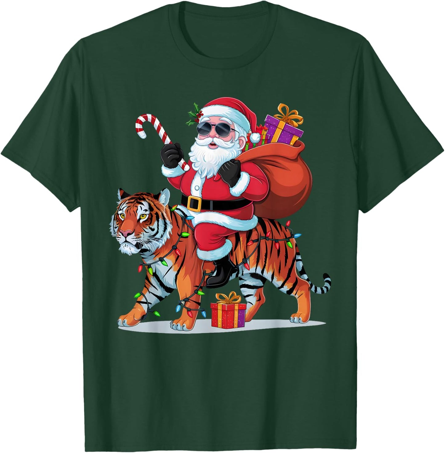 Tiger Lover Xmas Lighting Santa Riding Tiger Christmas T-Shirt - T-Shirt | Forest