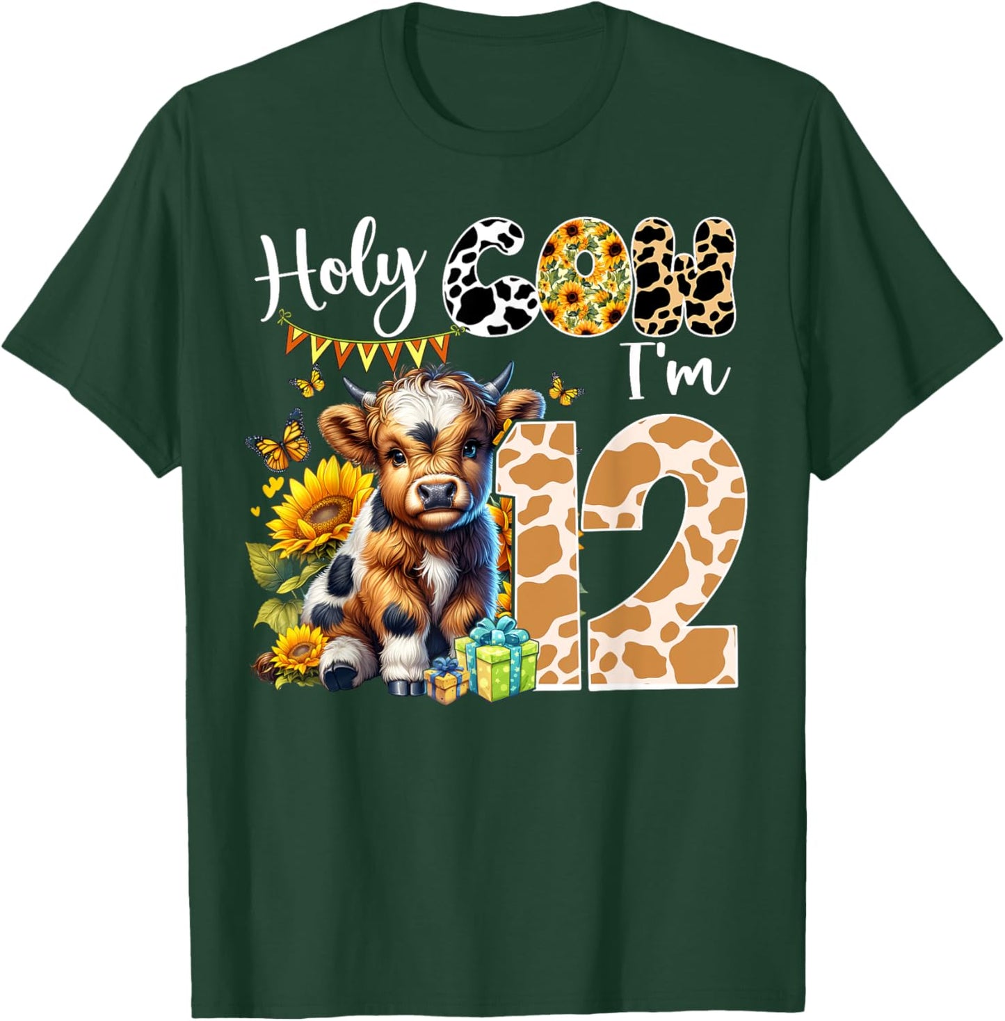Holy Cow I’m 12 Years Old Dairy Cow Sunflowers 12th Birthday T-Shirt - T-Shirt | Forest