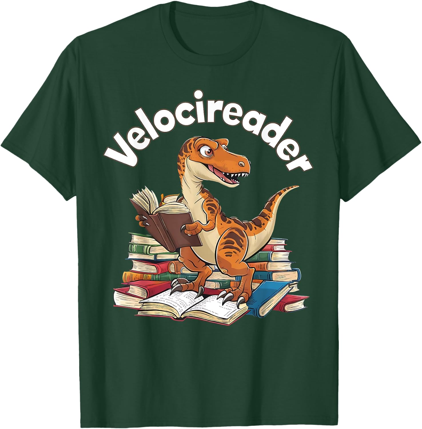 Velocireader Funny Velociraptor Dinosaur Reading Book Lover T-Shirt - T-Shirt | Forest