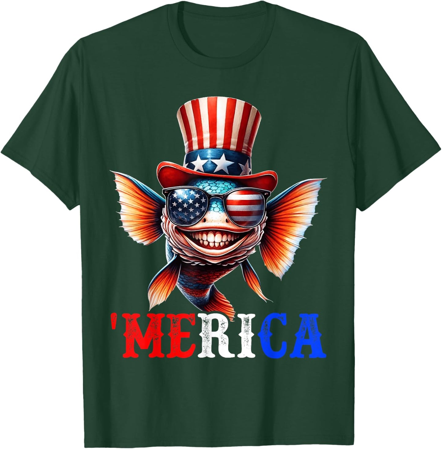 Merica Fish Patriotic 4th of July Funny Men Women T-Shirt - T-Shirt | Forest