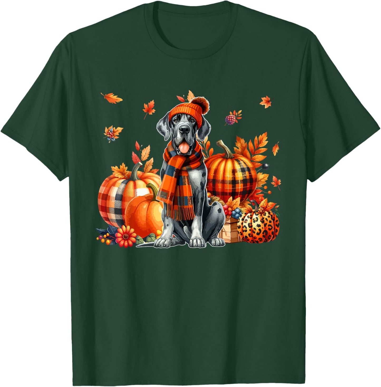 Great Dane Thanksgiving Leopard Pumpkins Fall Leaves Lover T-Shirt - T-Shirt | Forest