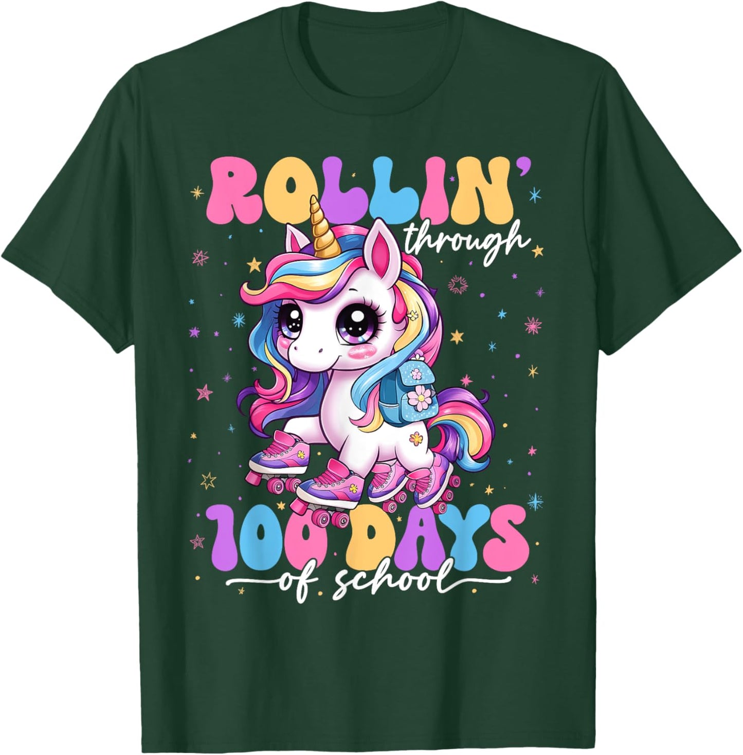Rollin' Through 100 Days Of School 100th Day Unicorn Teacher T-Shirt - T-Shirt | Forest