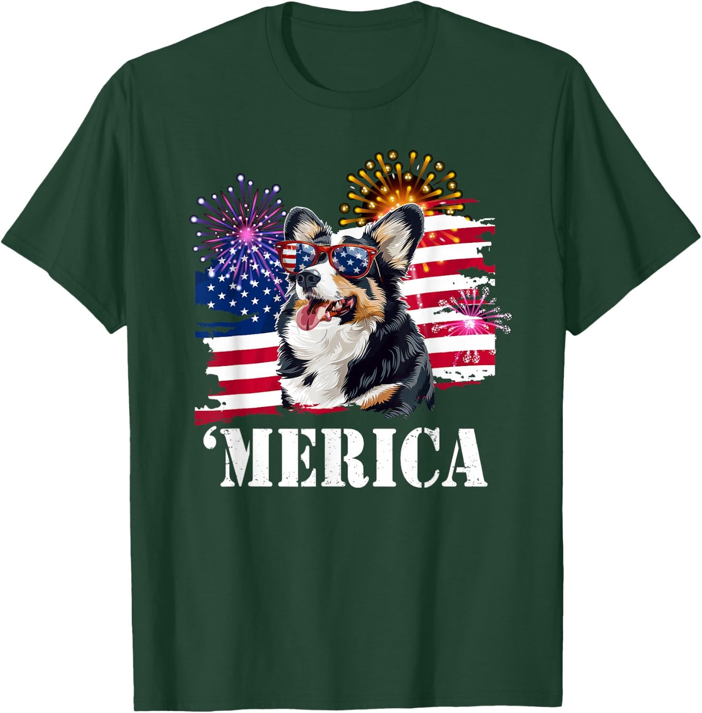 Funny USA Flag 4th 'Merica Black Tricolor Corgi Lover T-Shirt - T-Shirt | Forest