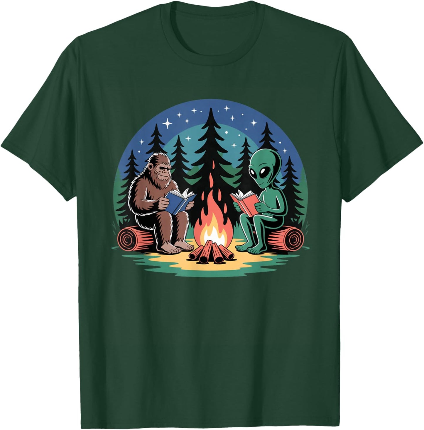 Alien Camping Bigfoot Campfire Reading Peaceful Forest T-Shirt - T-Shirt | Forest