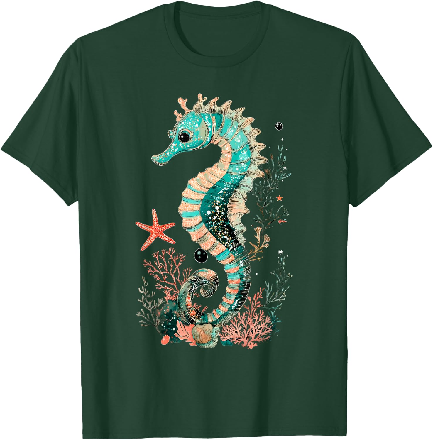 Seahorse Coral Starfish Nautical Art T-Shirt - T-Shirt | Forest