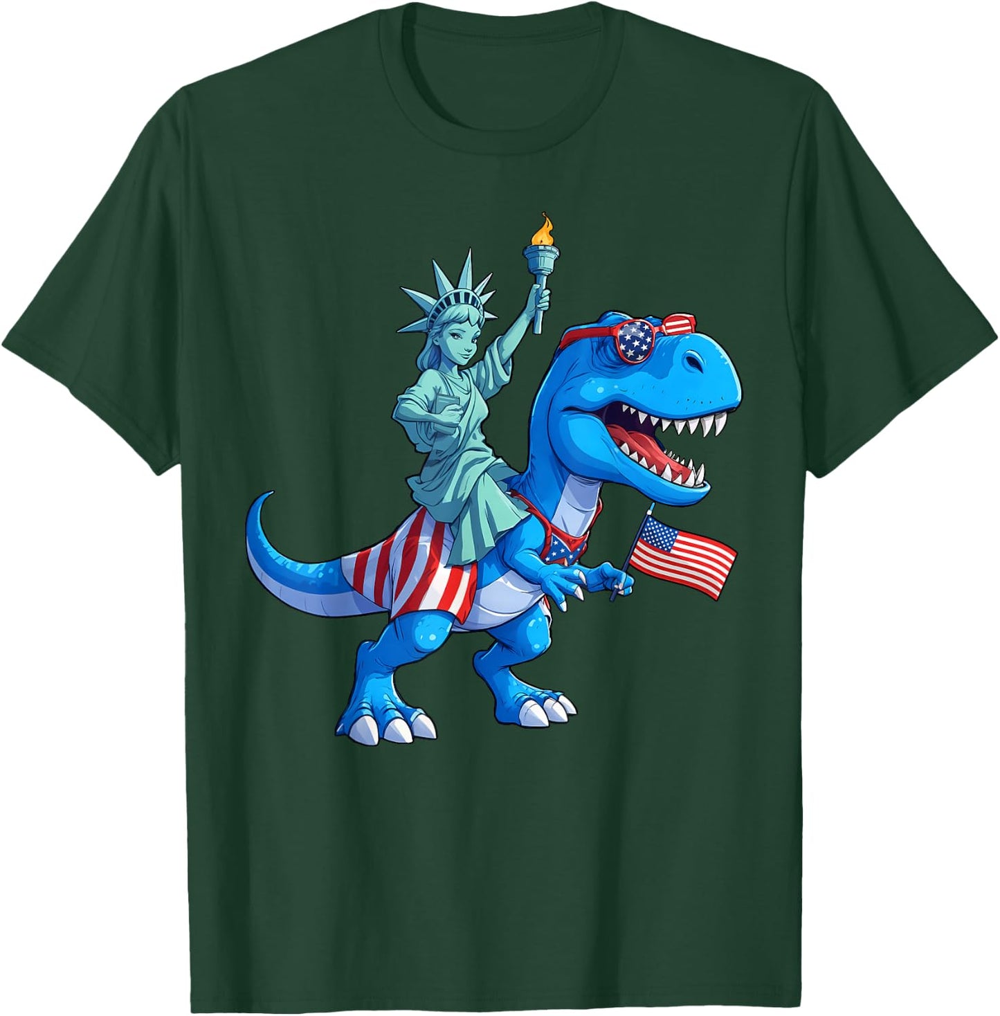 Dino Statue Of Liberty 4th Of July TRex American Flag Boys T-Shirt - T-Shirt | Forest