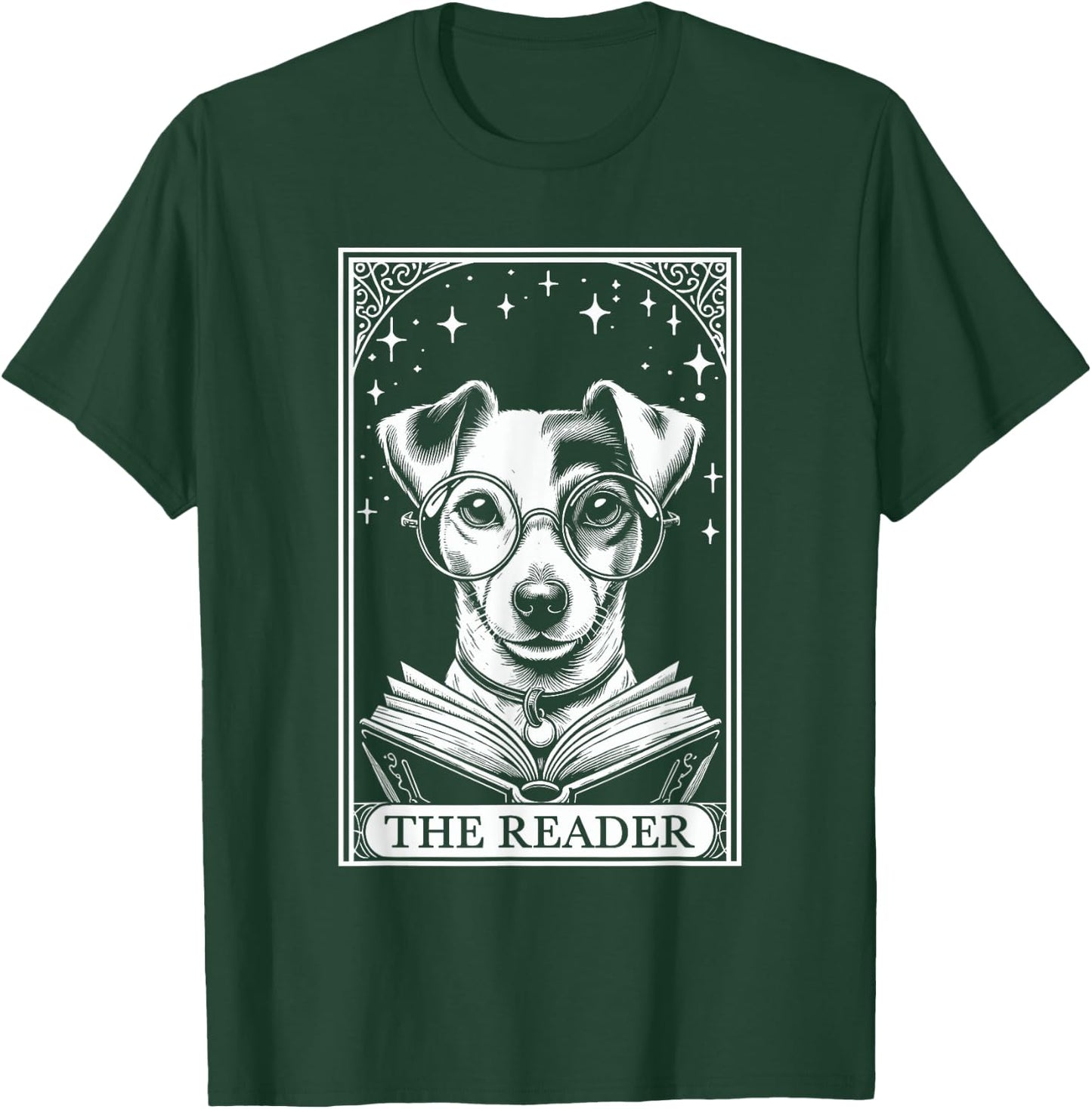 Retro Funny Jack Russell Dog Mom Reading Bookworm Tarot Card Jack Russell Terrier Book Lover - -Adults, -Kids - Black - Short Sleeve - Small T-Shirt - T-Shirt | Forest