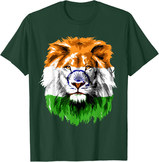 Vintage India Flag Lion Face Indian Flag Pride T-Shirt - T-Shirt | Forest