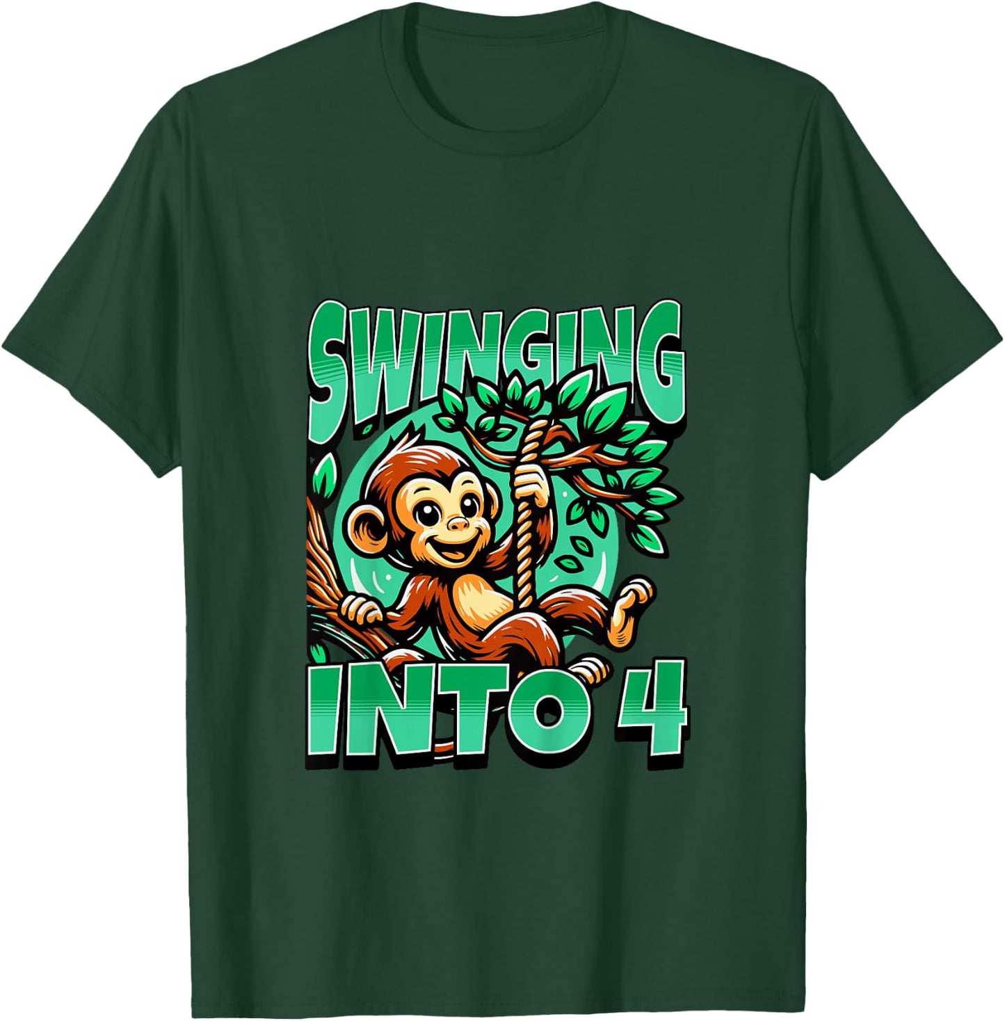 Kids Monkey Swinging Into 4 Year Old 4th Birthday Boy Girl T-Shirt - T-Shirt | Forest