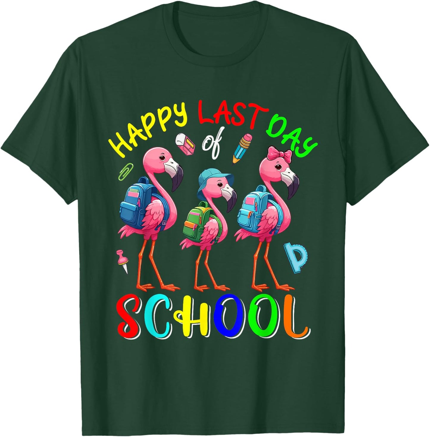 Happy Last Day Of School Colorful Cute Flamingos Students T-Shirt - T-Shirt | Forest