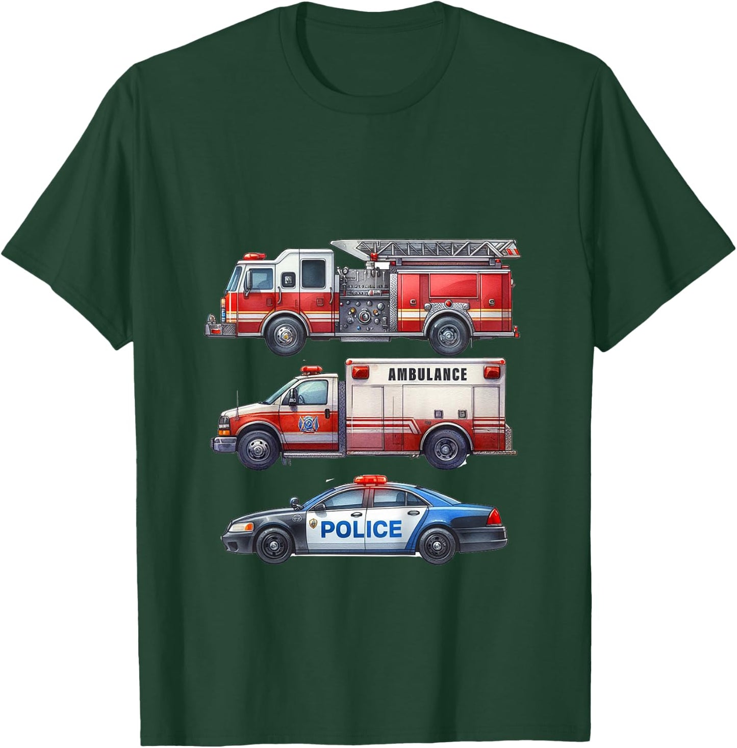 Kids Emergency Rescue Vehicle Boy Fire Truck Police Car Ambulance T-Shirt - T-Shirt | Forest