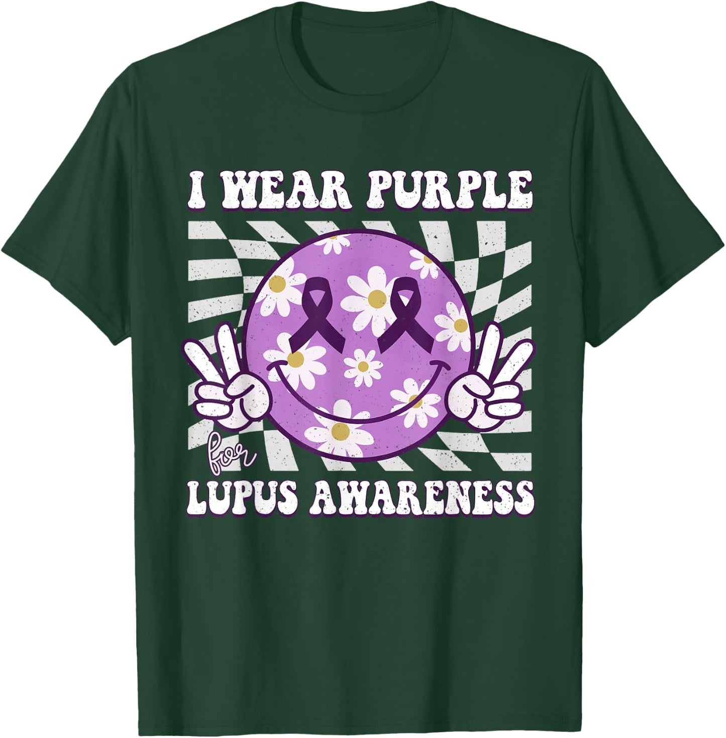 Retro Lupus Awareness Smile Hippie Checkered Purple Ribbon T-Shirt - T-Shirt | Forest