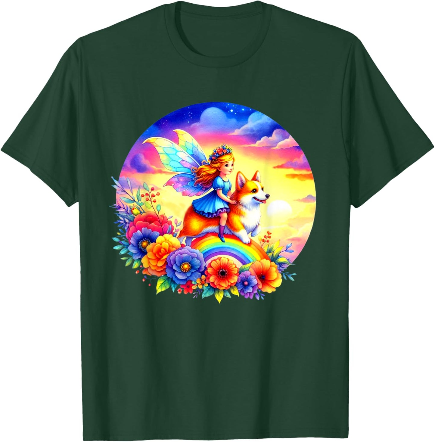 Fairy Riding Corgi Dog Rainbow Flowers Corgi Dog Lovers Art T-Shirt - T-Shirt | Forest
