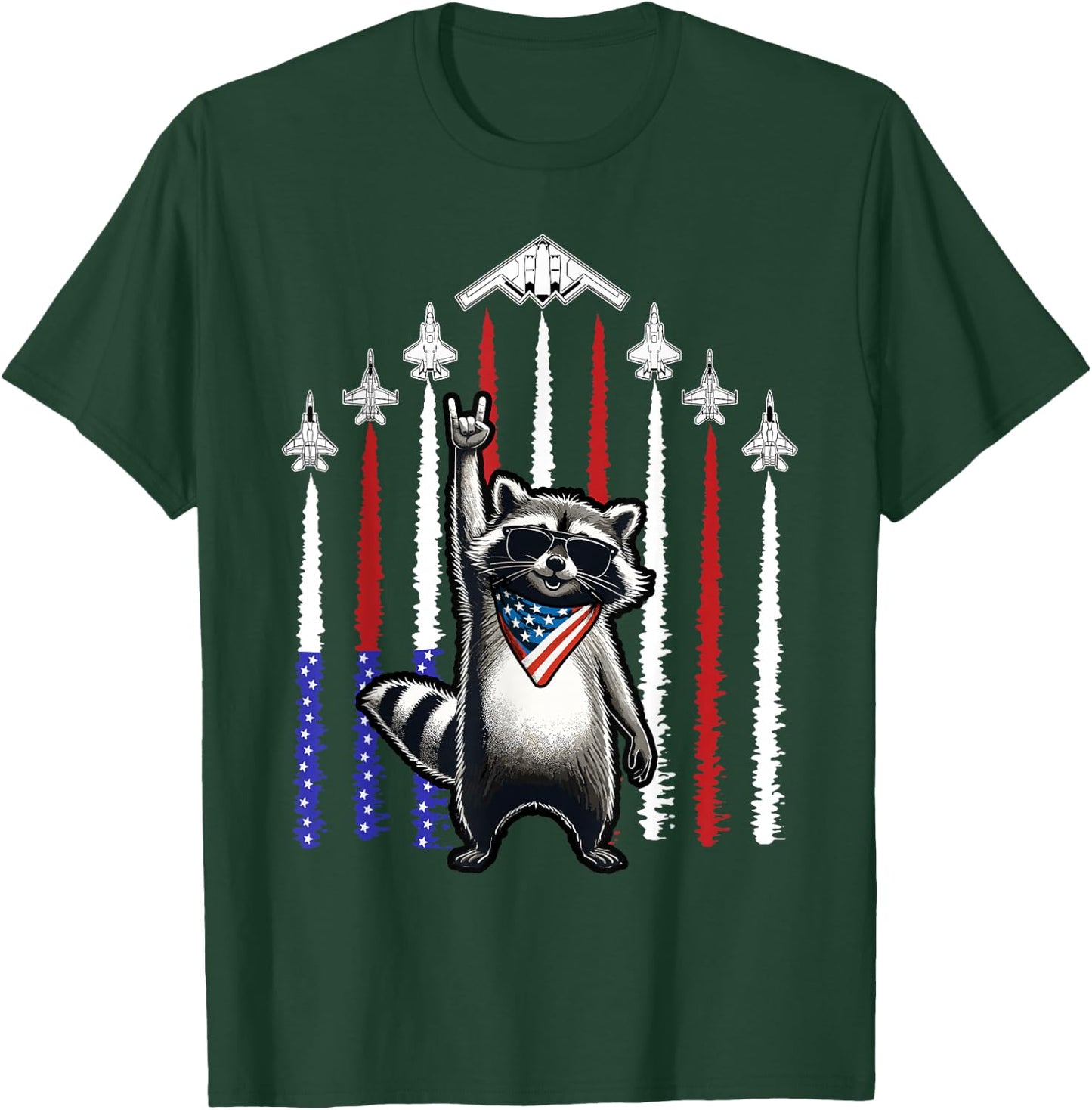 4th of July USA Flag Fighter Jets Raccoon Funny Patriotic T-Shirt - T-Shirt | Forest