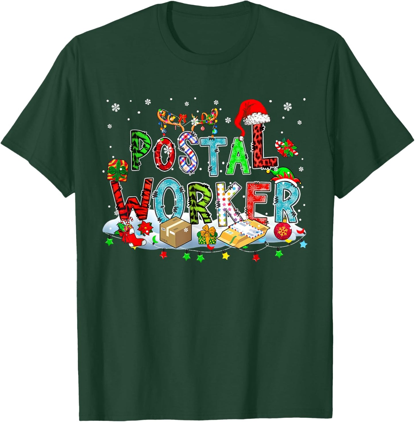 Postal Worker Xmas Leopard Plaid Santa Reindeer Elf Lover T-Shirt - T-Shirt | Forest