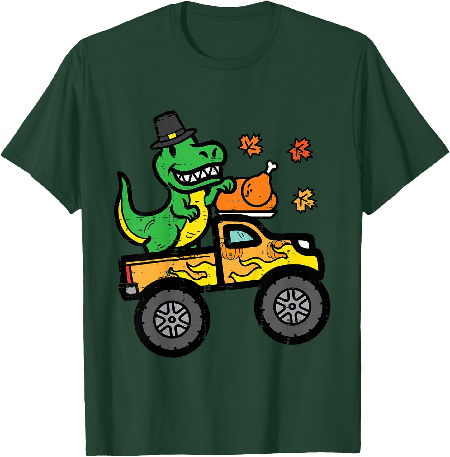 Kids Thanksgiving Dino Monster Truck Fall Trex Toddler Boys Kids T-Shirt - T-Shirt | Forest