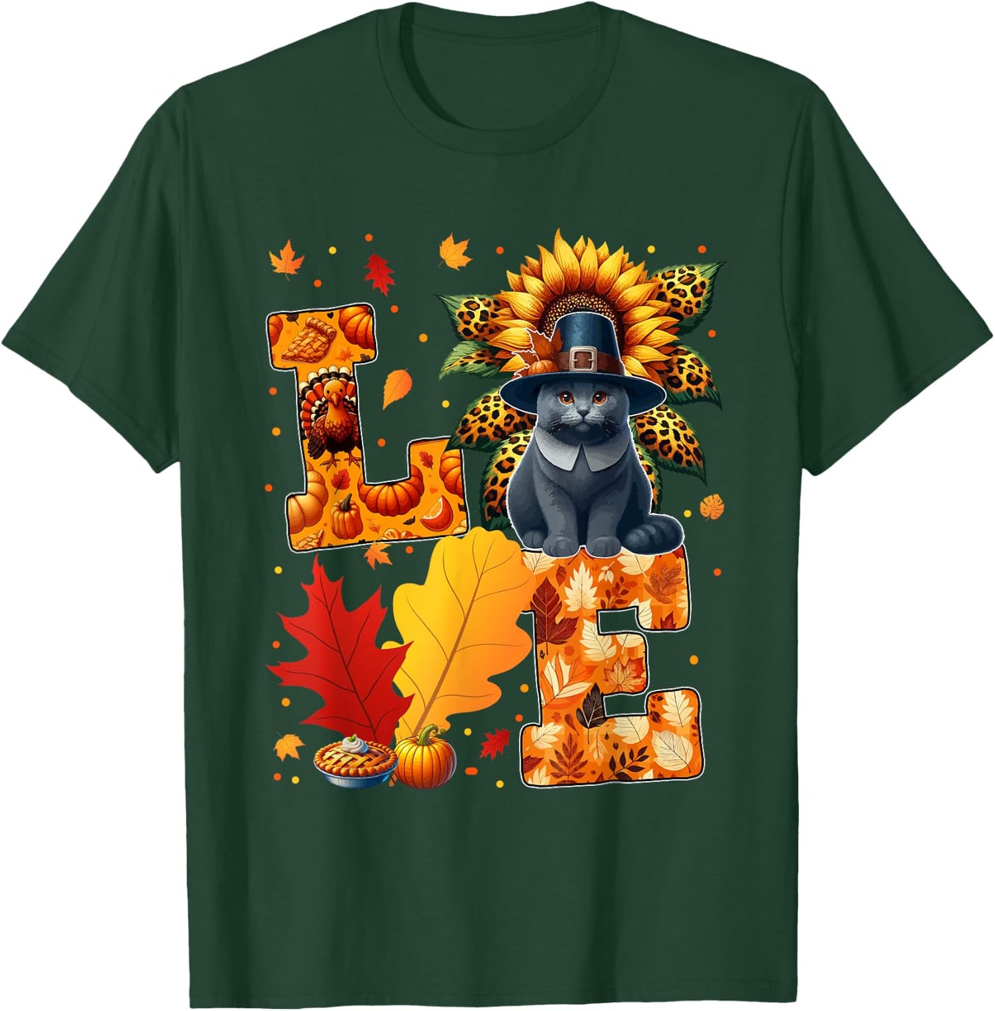 LOVE Thanksgiving Russian Blue Cat Costume Fall Leaves Women Kids T-Shirt - T-Shirt | Forest