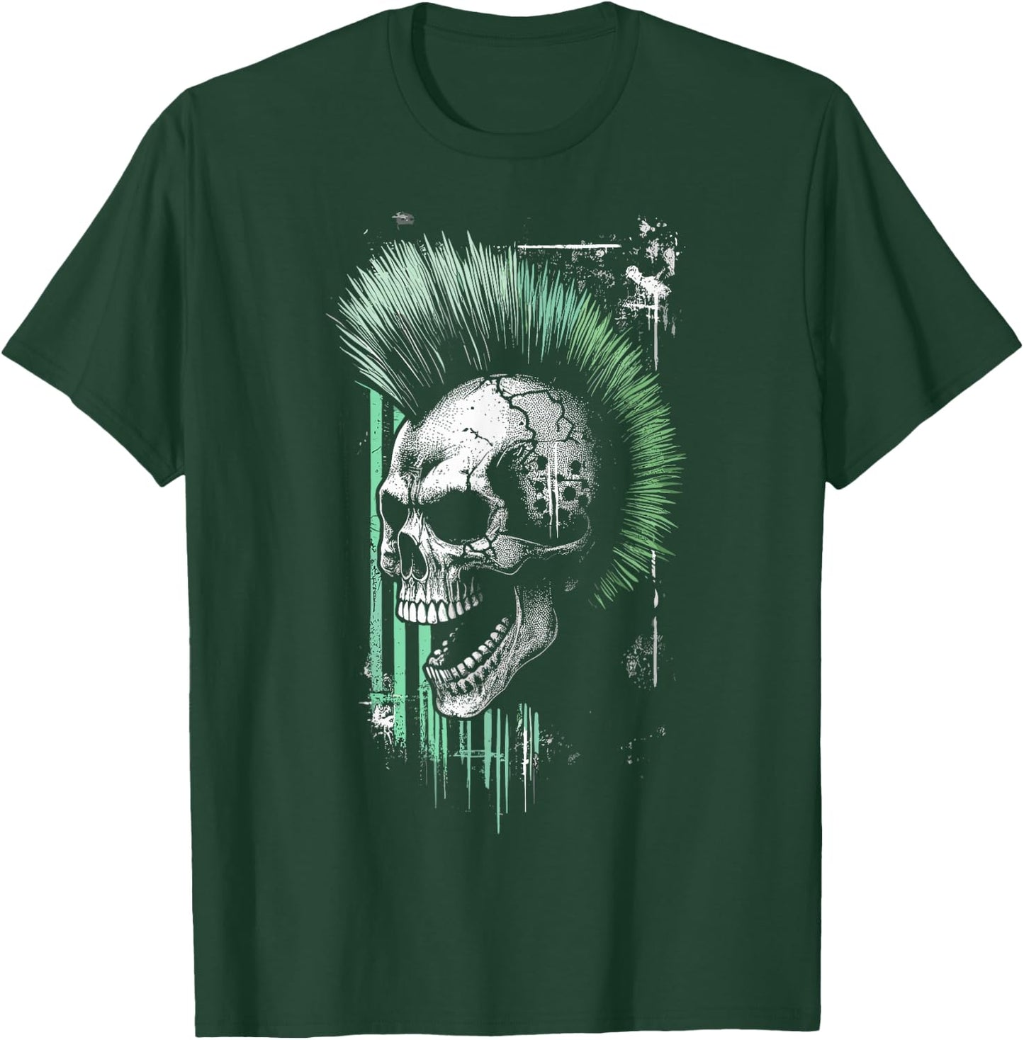 Vintage Graffiti Skull with Green Mohawk T-Shirt - T-Shirt | Forest